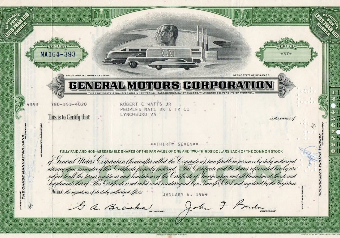 Acción antigua en papel de General Motors Corporatins
